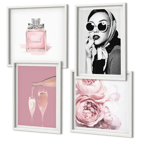 Set de cuadros modernos para salón con accesorios elegantes de color rosa