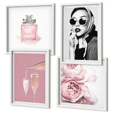 Set de cuadros modernos para salón con accesorios elegantes de color rosa