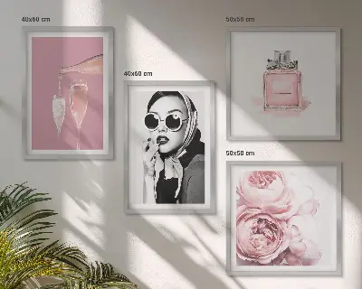 Set de cuadros modernos para salón con accesorios elegantes de color rosa