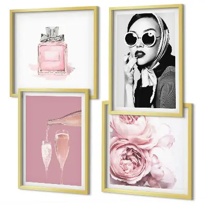 Set de cuadros modernos para salón con accesorios elegantes de color rosa