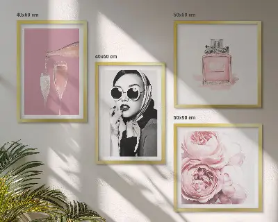 Set de cuadros modernos para salón con accesorios elegantes de color rosa