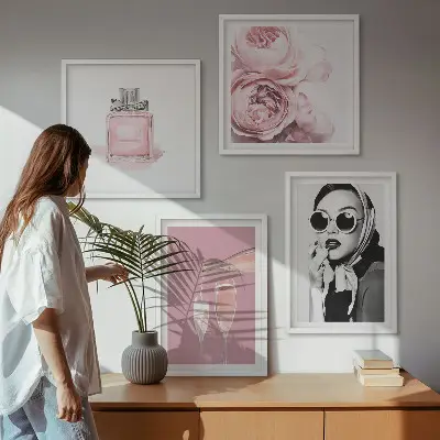 Set de cuadros modernos para salón con accesorios elegantes de color rosa