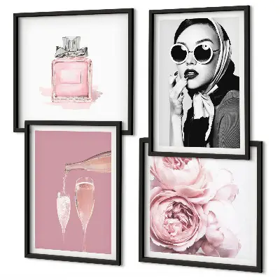 Set de cuadros modernos para salón con accesorios elegantes de color rosa