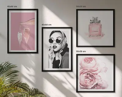 Set de cuadros modernos para salón con accesorios elegantes de color rosa