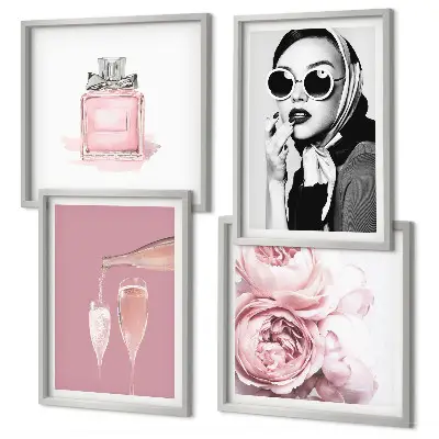 Set de cuadros modernos para salón con accesorios elegantes de color rosa
