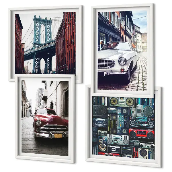 Set de 4 cuadros decorativos para salón con diseño de autos antiguos y estilo retro