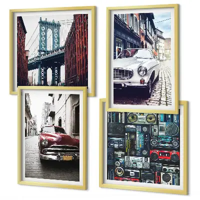 Set de 4 cuadros decorativos para salón con diseño de autos antiguos y estilo retro