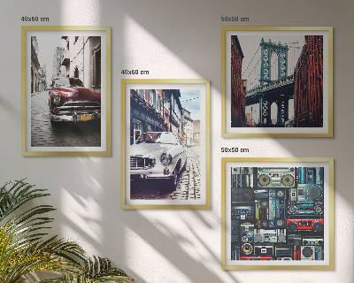 Set de 4 cuadros para salón Autos antiguos Brooklyn audio retro