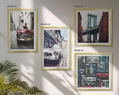 Set de 4 cuadros decorativos para salón con diseño de autos antiguos y estilo retro