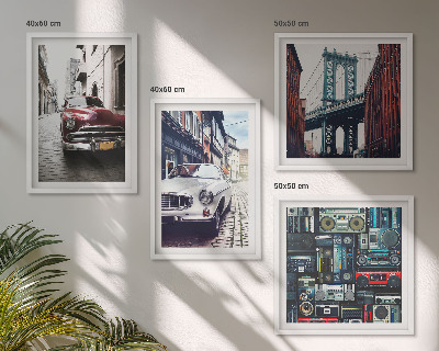 Set de 4 cuadros para salón Autos antiguos Brooklyn audio retro
