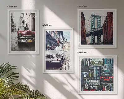 Set de 4 cuadros decorativos para salón con diseño de autos antiguos y estilo retro