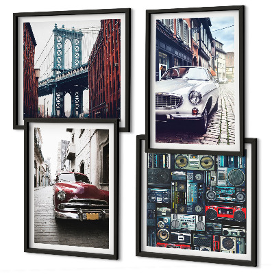Set de 4 cuadros para salón Autos antiguos Brooklyn audio retro
