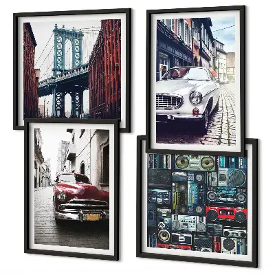Set de 4 cuadros decorativos para salón con diseño de autos antiguos y estilo retro