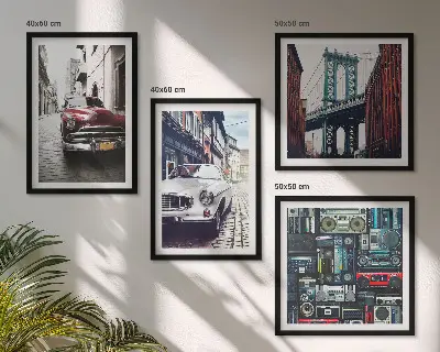 Set de 4 cuadros decorativos para salón con diseño de autos antiguos y estilo retro