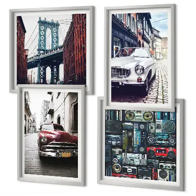 Set de 4 cuadros decorativos para salón con diseño de autos antiguos y estilo retro