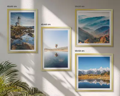 Galería de pared vistas de la naturaleza con faro y montañas