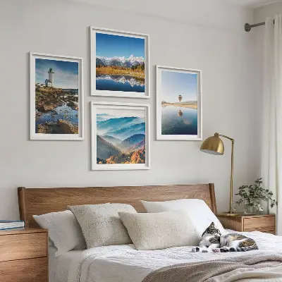 Galería de pared vistas de la naturaleza con faro y montañas