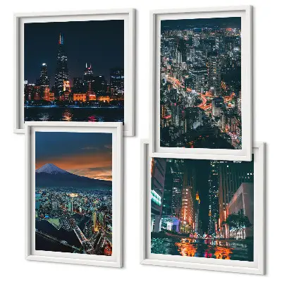 Set de 4 cuadros para salón diseño de vista nocturna de ciudad desde la montaña