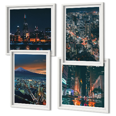 Set de 4 cuadros para salón Vista de la ciudad desde la montaña por la noche.