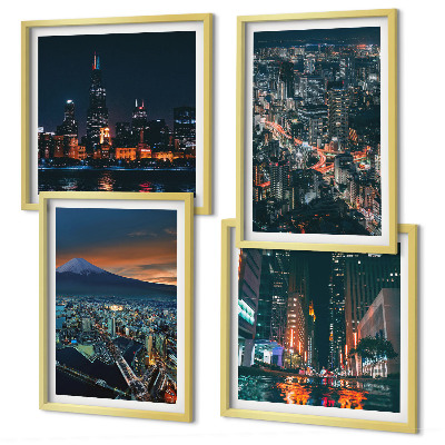 Set de 4 cuadros para salón Vista de la ciudad desde la montaña por la noche.