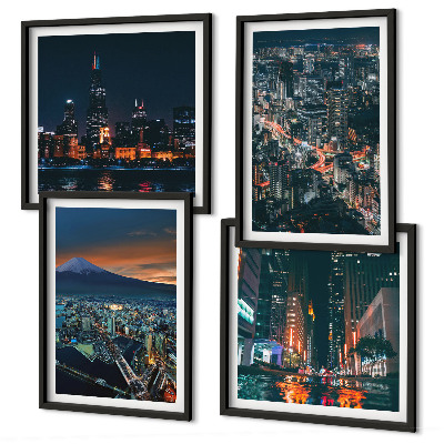 Set de 4 cuadros para salón Vista de la ciudad desde la montaña por la noche.