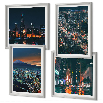 Set de 4 cuadros para salón Vista de la ciudad desde la montaña por la noche.