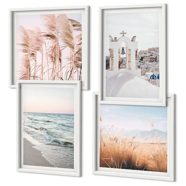 Set de cuadros modernos para salón con diseño de plantas, olas del mar, vistas y casas