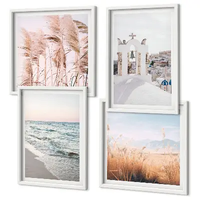 Set de cuadros modernos para salón con diseño de plantas, olas del mar, vistas y casas