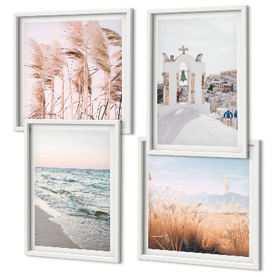 Set de cuadros modernos para salón Plantas, olas del mar, vista, casas