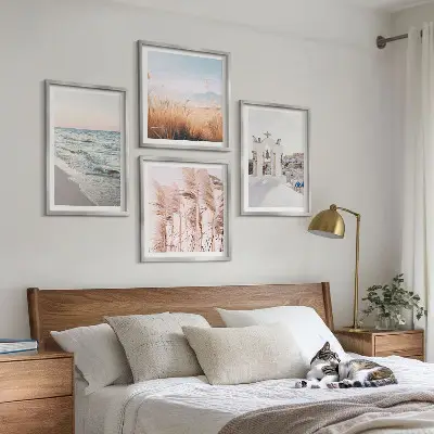 Set de cuadros modernos para salón con diseño de plantas, olas del mar, vistas y casas