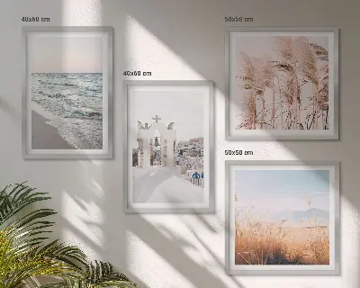 Set de cuadros modernos para salón con diseño de plantas, olas del mar, vistas y casas