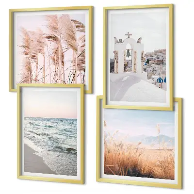 Set de cuadros modernos para salón con diseño de plantas, olas del mar, vistas y casas