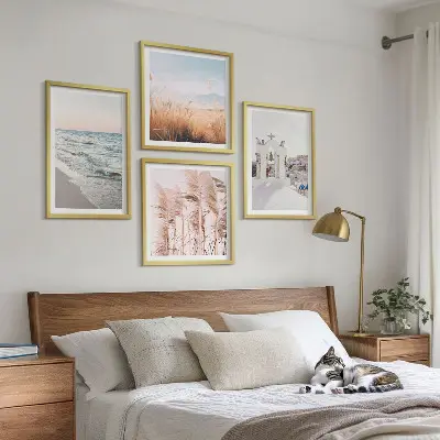 Set de cuadros modernos para salón con diseño de plantas, olas del mar, vistas y casas