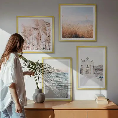 Set de cuadros modernos para salón con diseño de plantas, olas del mar, vistas y casas