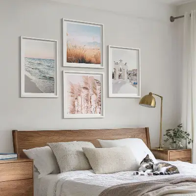 Set de cuadros modernos para salón con diseño de plantas, olas del mar, vistas y casas