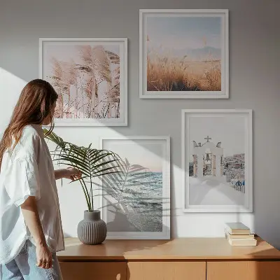 Set de cuadros modernos para salón con diseño de plantas, olas del mar, vistas y casas