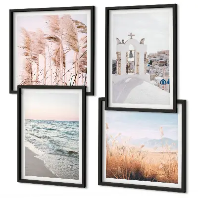 Set de cuadros modernos para salón con diseño de plantas, olas del mar, vistas y casas