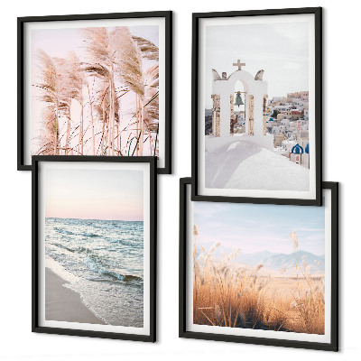 Set de cuadros modernos para salón Plantas, olas del mar, vista, casas