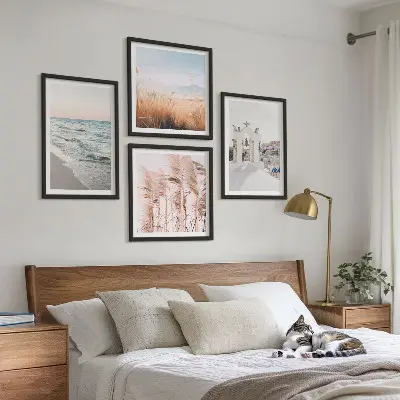 Set de cuadros modernos para salón con diseño de plantas, olas del mar, vistas y casas