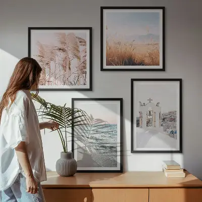 Set de cuadros modernos para salón con diseño de plantas, olas del mar, vistas y casas