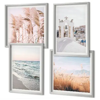 Set de cuadros modernos para salón con diseño de plantas, olas del mar, vistas y casas