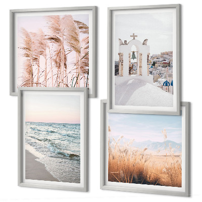 Set de cuadros modernos para salón Plantas, olas del mar, vista, casas