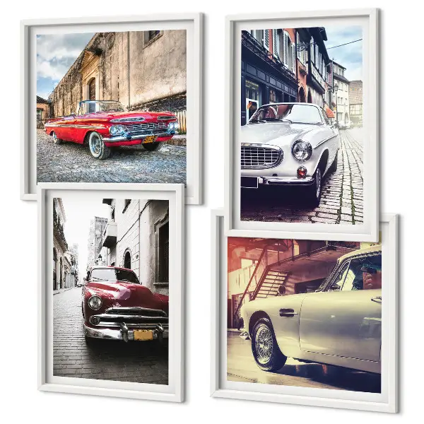 Set de 4 cuadros para salón diseño de autos clásicos en ciudades