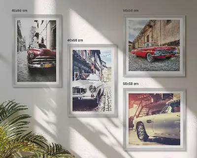 Set de 4 cuadros para salón diseño de autos clásicos en ciudades