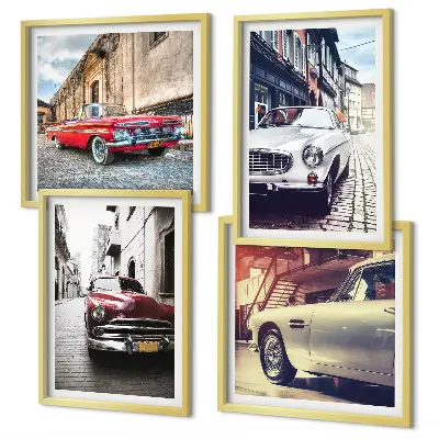 Set de 4 cuadros para salón diseño de autos clásicos en ciudades