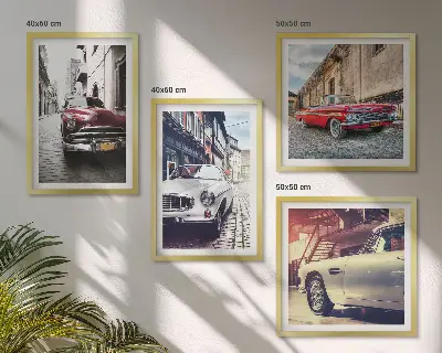 Set de 4 cuadros para salón diseño de autos clásicos en ciudades