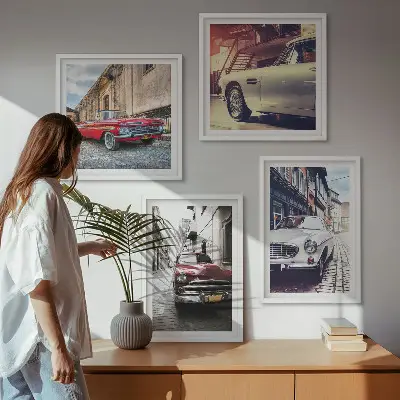 Set de 4 cuadros para salón diseño de autos clásicos en ciudades