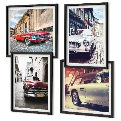 Set de 4 cuadros para salón diseño de autos clásicos en ciudades