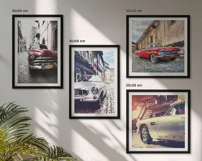 Set de 4 cuadros para salón diseño de autos clásicos en ciudades