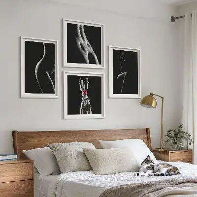 Set de cuadros modernos para salón con diseño de formas femeninas en blanco y negro